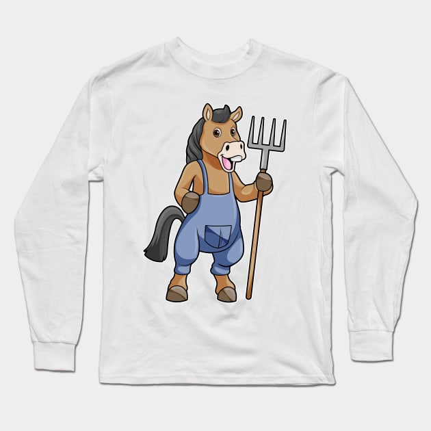 Horse as Farmer with Rake Long Sleeve T-Shirt by Markus Schnabel